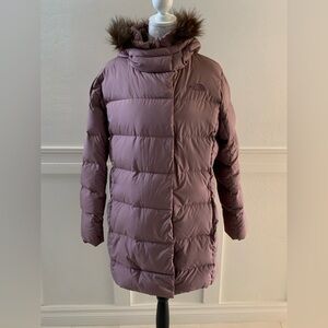 The North Face Mauve Pink Puffer Coat with Faux Fur Hood